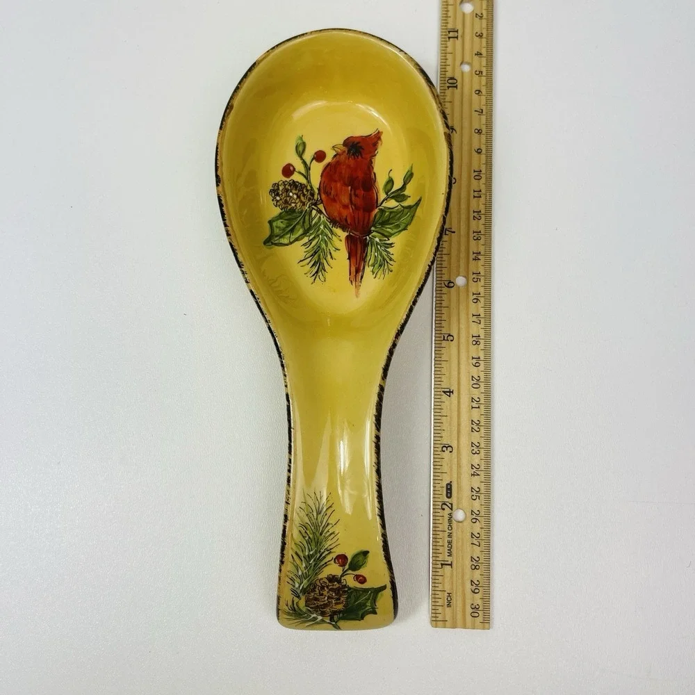 Hand painted Maxcera Cardinal Holiday Pine Holly Utensil Spoon Rest  10